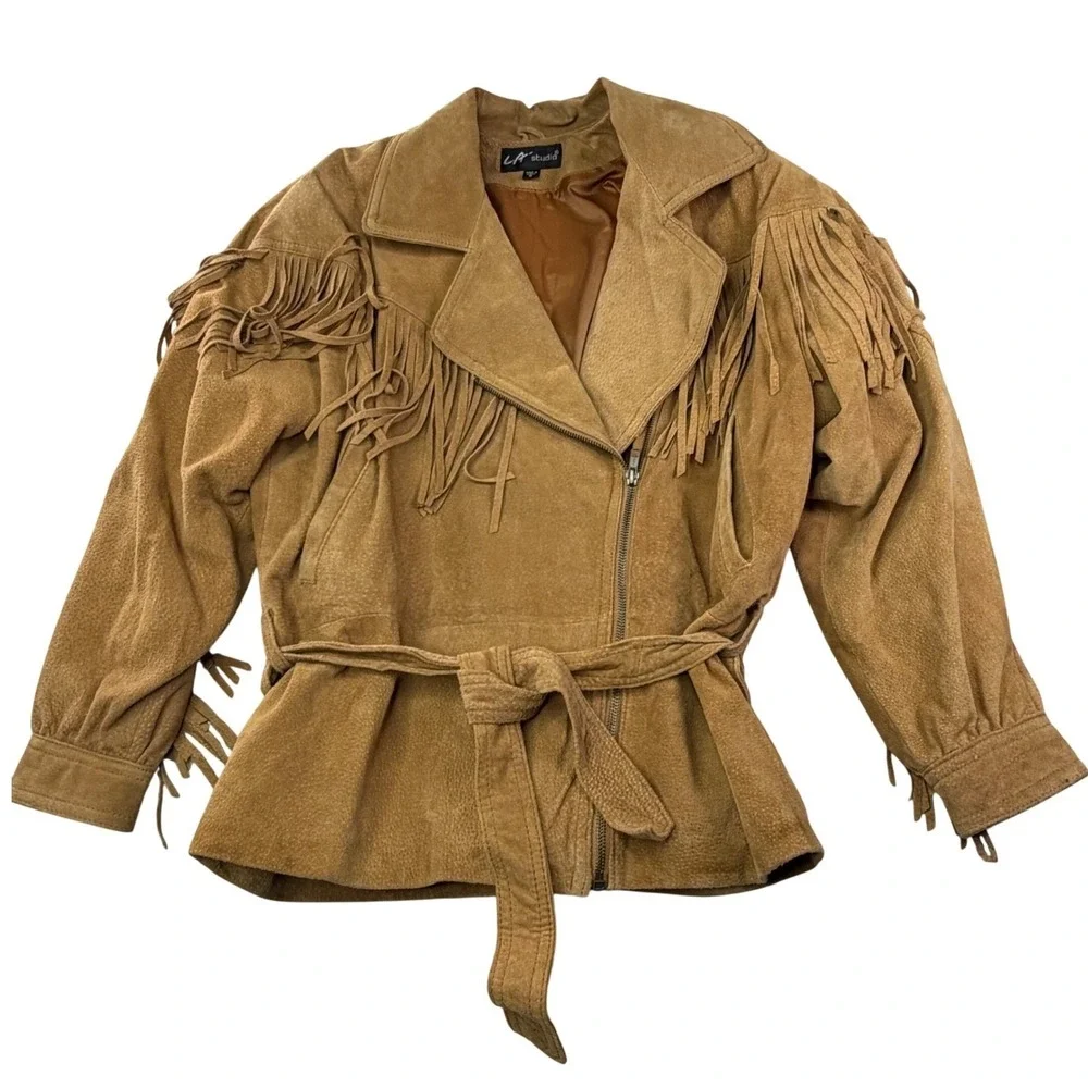 L.A. Studio Suede Fringe Zip Front Tie Belt Jacket Tan Western Boho‎ Festival S - Picture 7 of 16
